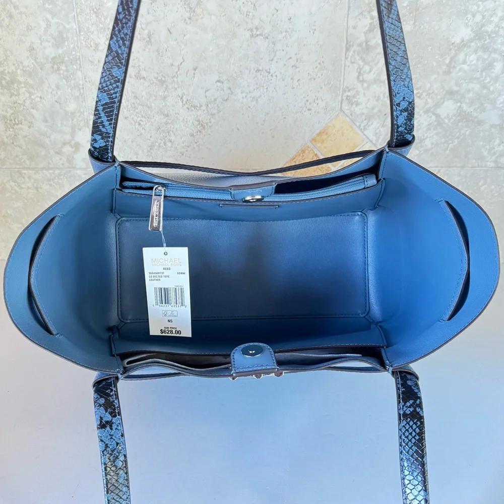 Michael Kors Blue Leather Tote with Snake-Print Accents - Picture 8 of 15